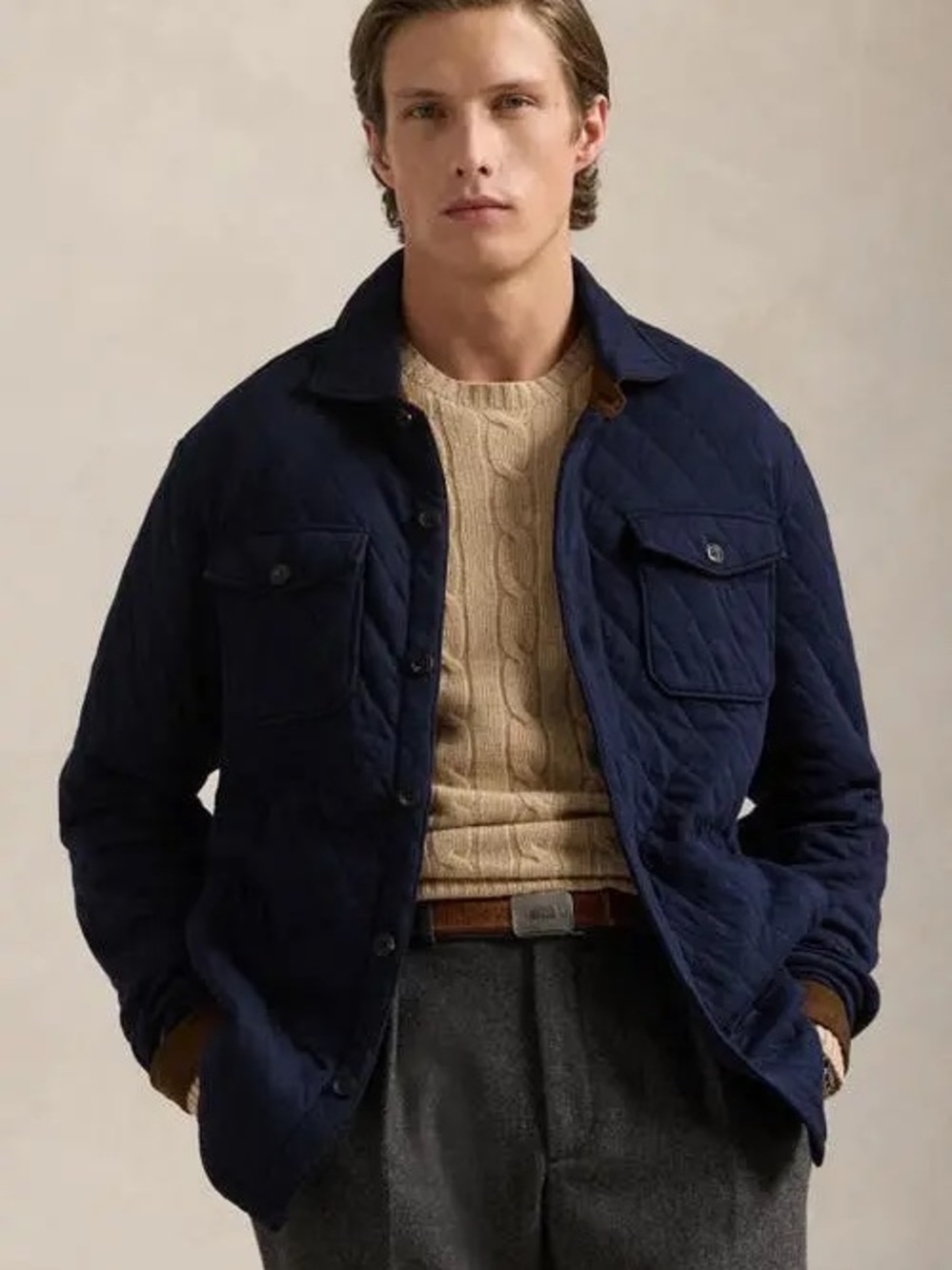 Men’s POLO Ralph Lauren Cotton Quilted Jacket aviator Navy Suede accents LARGE